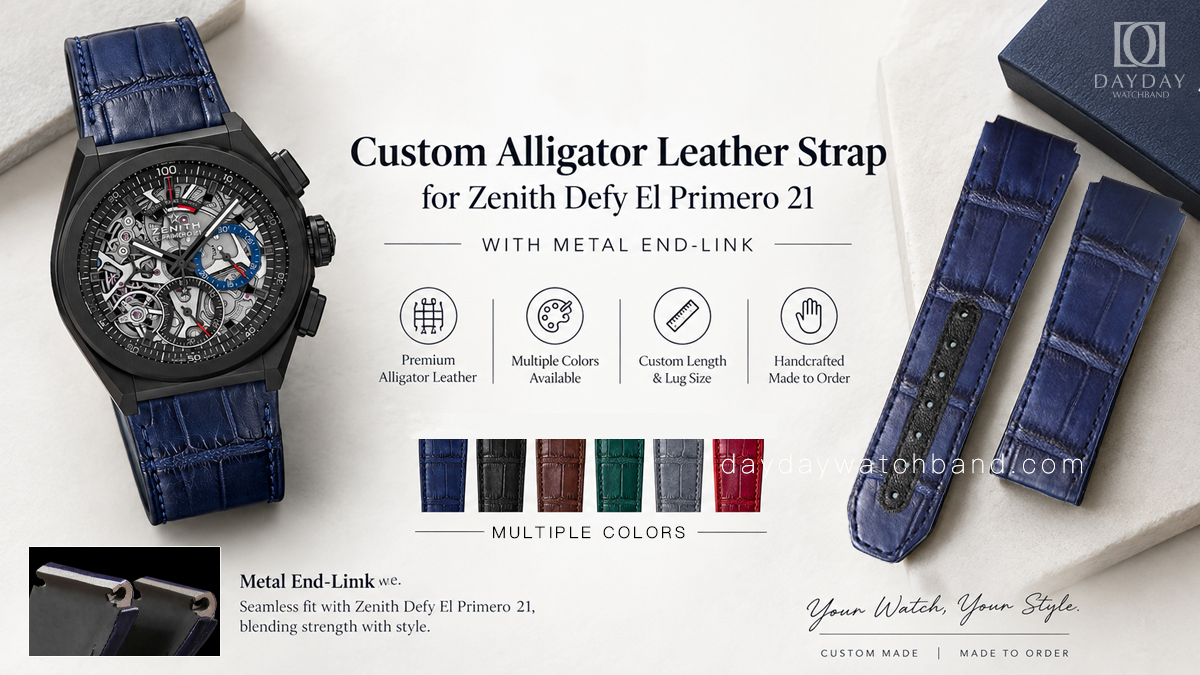 Custom Alligator Leather Strap for Zenith Defy with Metal End- Link (Multiple Colors) 1 Custom handmade alligator leather strap for Zenith Defy El Primero 21