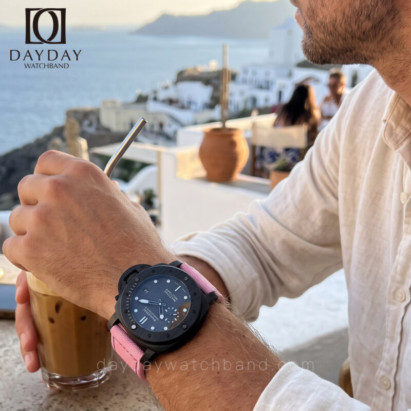 Custom pink hook and loop Panerai strap on wrist