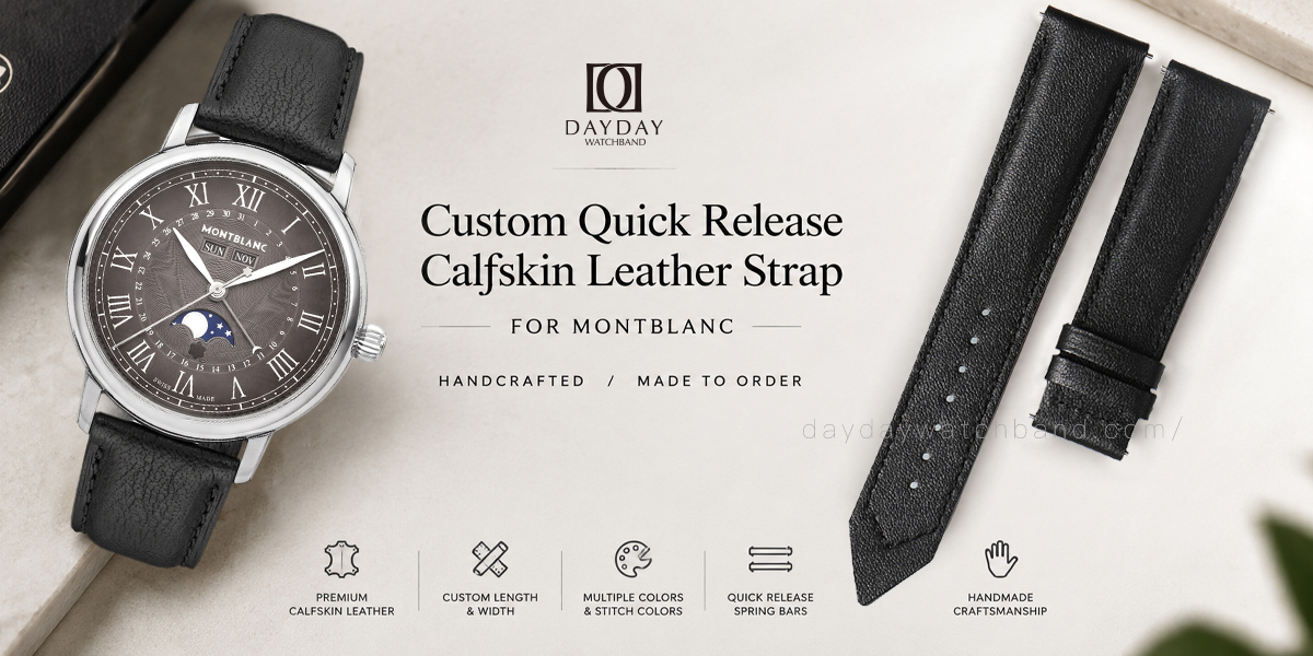 Custom Quick-Release Calfskin Leather Watch Strap for Montblanc Timepieces 4 Custom Calfskin black leather watch straps for Montblanc with Quick Release