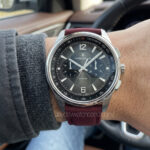 Custom curved end sailcloth watch strap for JLC on wrist