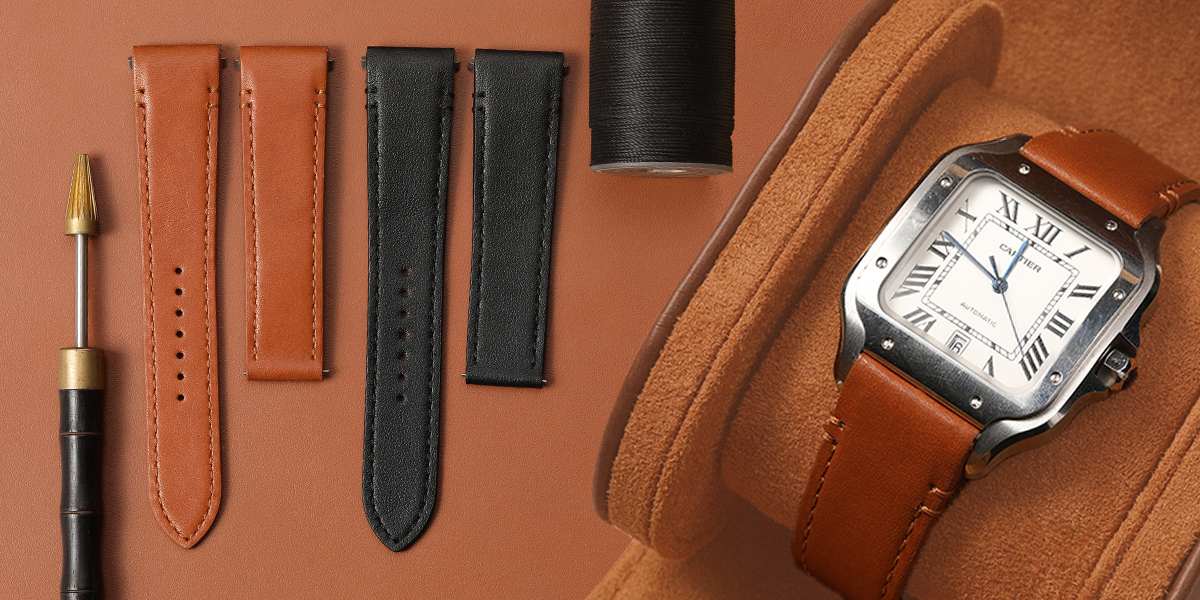 daydaywatchband personalized Itlian calfskin black brown leather watch bands wrist strap replacement for Cartier Santo Medium Large