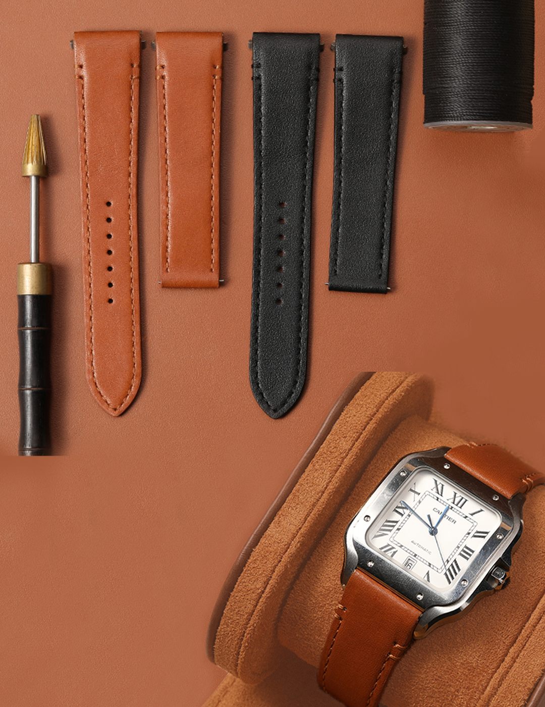 daydaywatchband custom Itlian calfskin black brown leather watch straps wrist band replacement for Cartier Santo Medium Large mobile